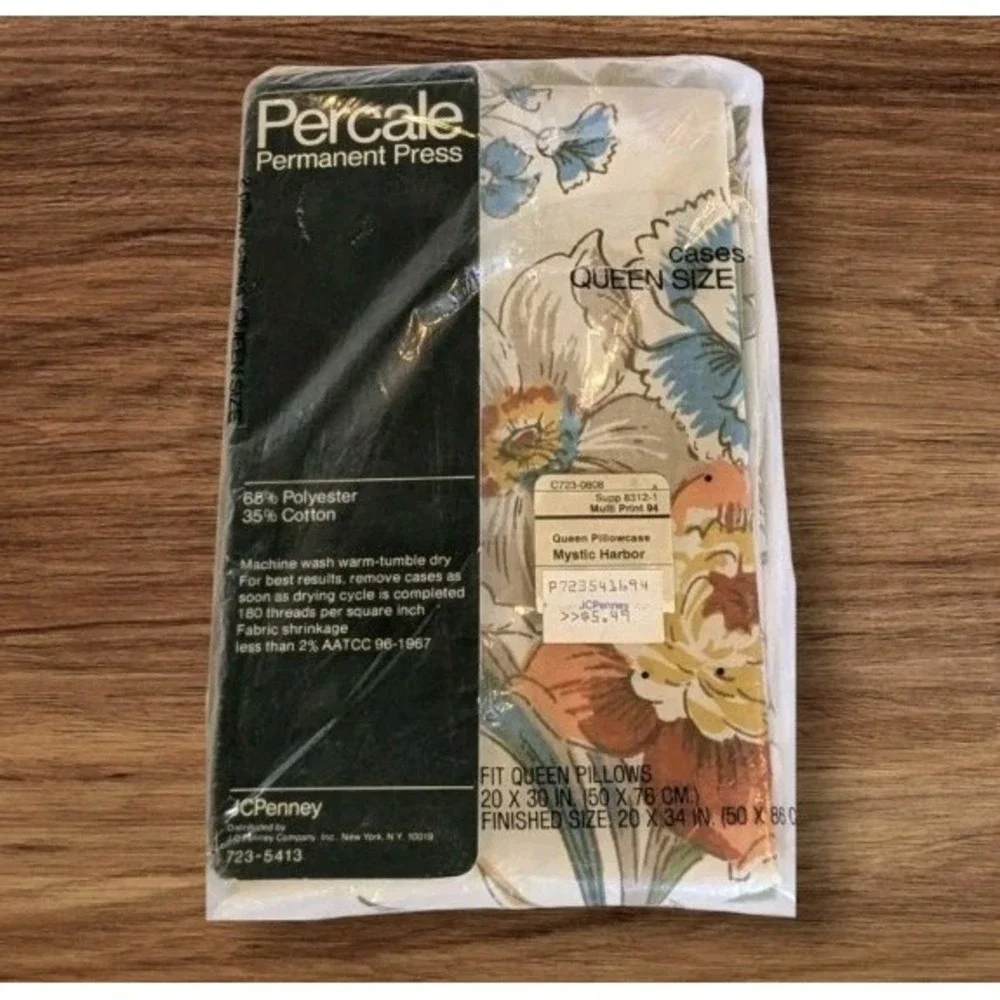 NOS Queen Pillowcases Set Of 2 Percale Floral JC Penney Mystic Harbor Linens Vtg